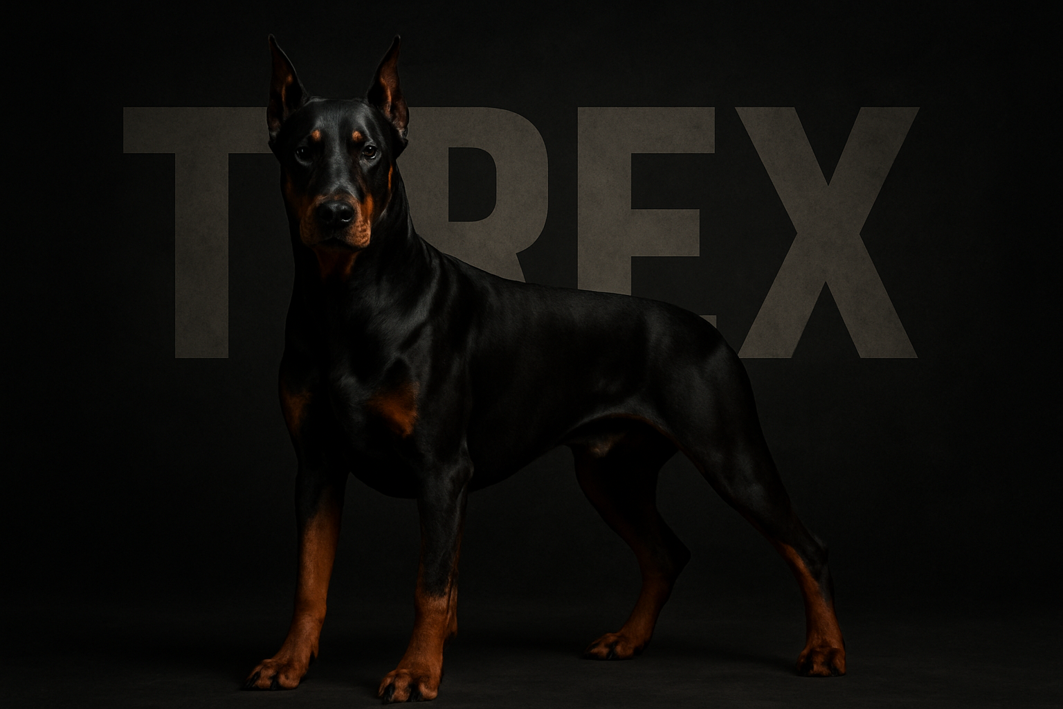 ciemne tlo doberman z napisem TREX
