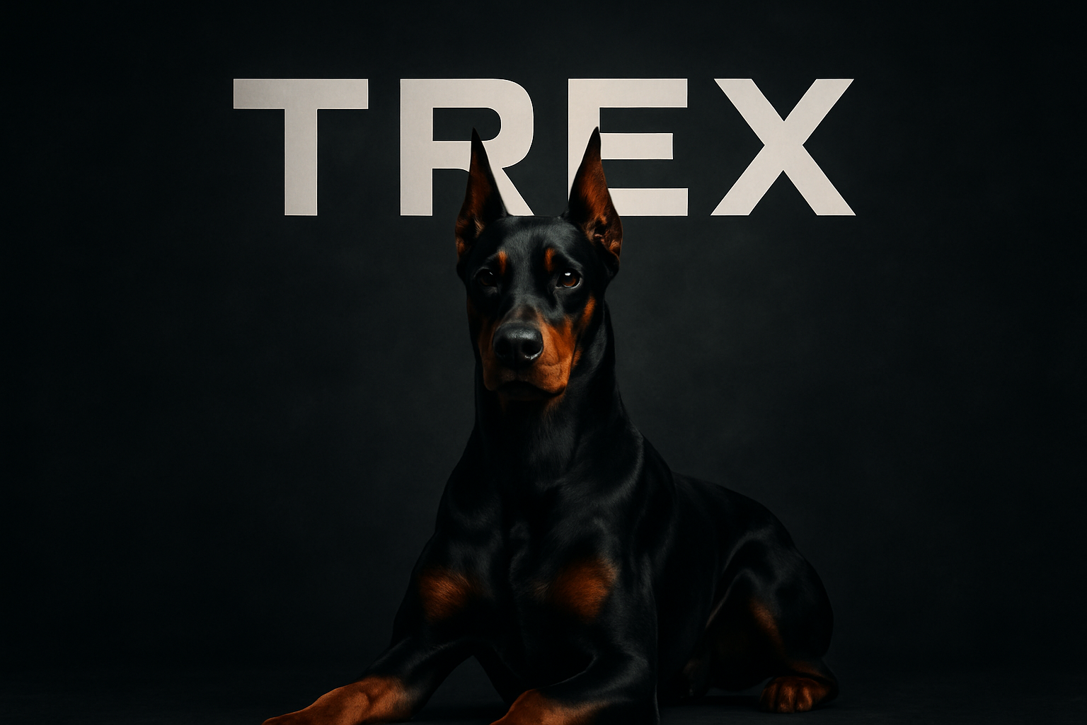 ciemne tlo w tle pies doberman i napis TREX